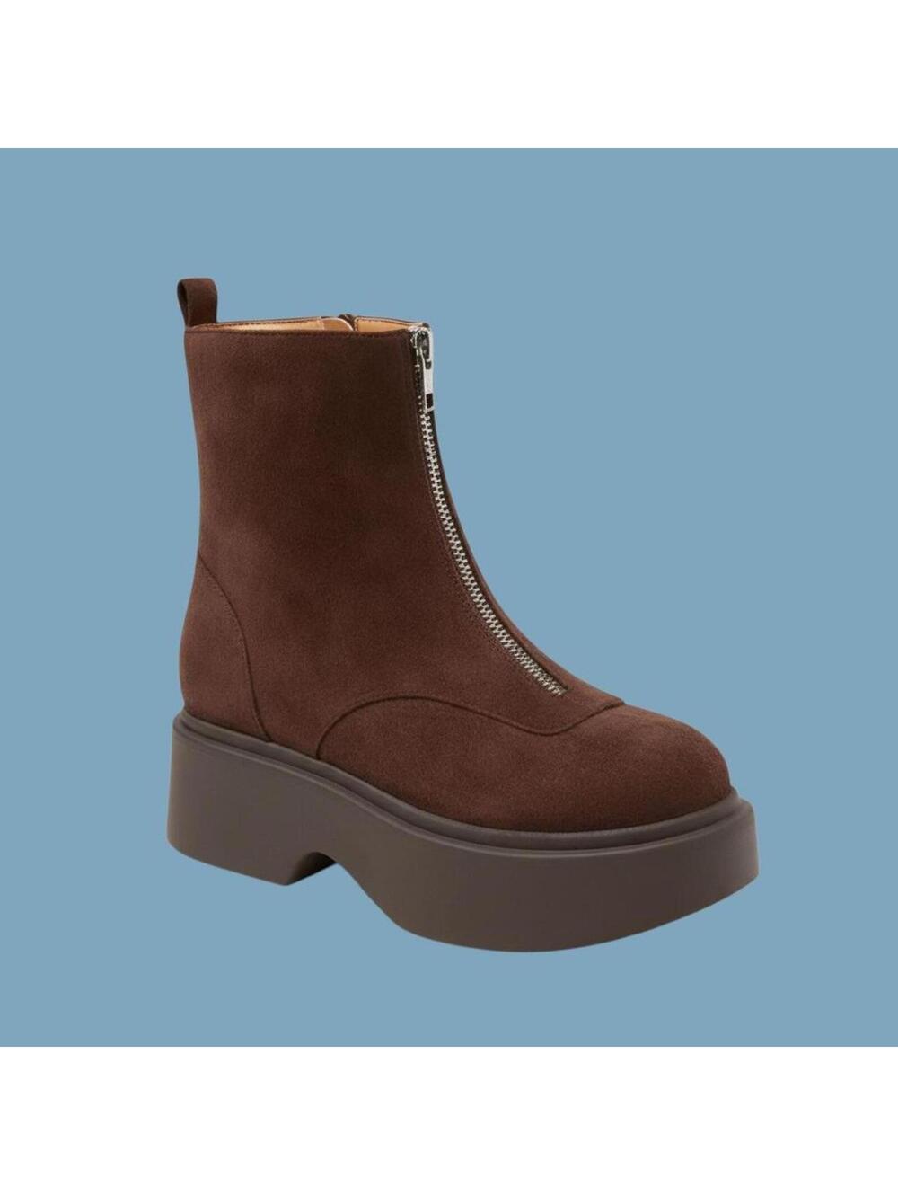 Brown Suede Platform Ankle Boots with Front Zipper